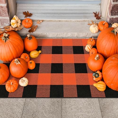 Orange and Black Buffalo Plaid Outdoor Rug 2x3 Cotton Woven Area Rug