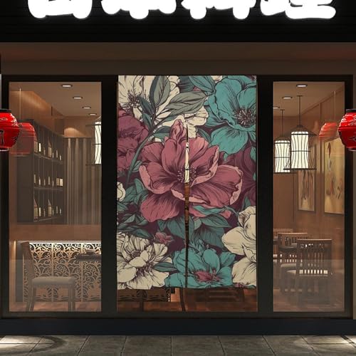 Japanese Noren Door Curtain with Romantic Flowers Design