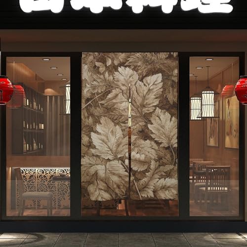 Japanese Noren Door Curtain White Brown Leaves Print 34x57