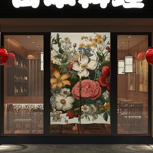 Japanese Noren Door Curtain with Plants and Flowers Print