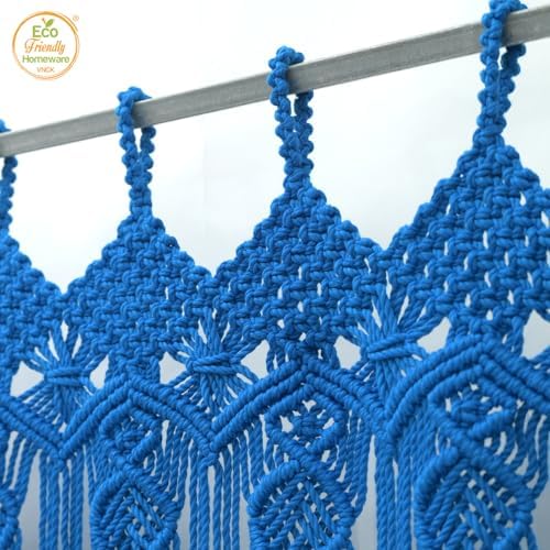 Macrame Curtain Boho Beaded Doorway Hanging Blue 77x35 Inch