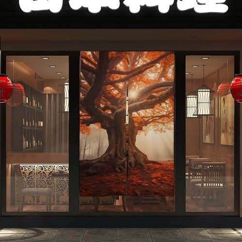 Japanese Noren Door Curtain with Maple Leaves and Old Tree Print