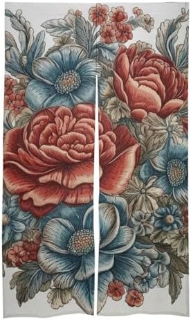 Japanese Noren Door Curtain with Blue and Red Flowers