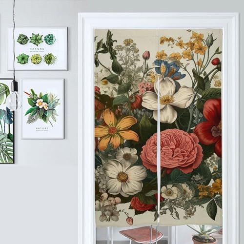 Japanese Noren Door Curtain with Plants and Flowers Print