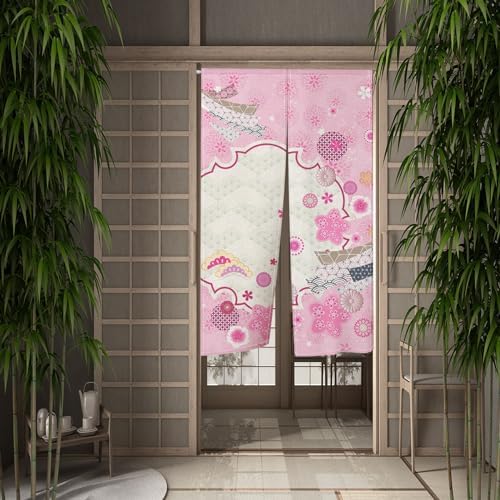 Traditional Japanese Noren Door Curtain with Pink Flowers Print