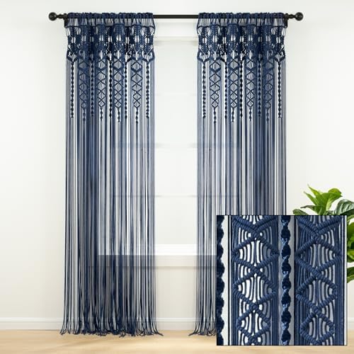 Boho Macrame Cotton Curtain Panel 40x84 Navy