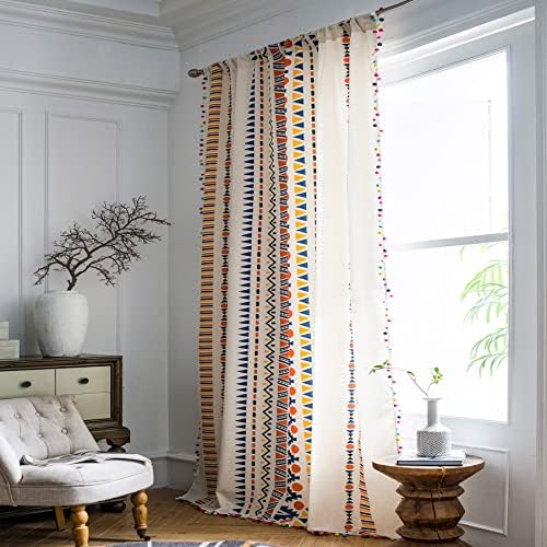 VOGOL Cotton Linen Pom Pom Curtains 59x79 Inches