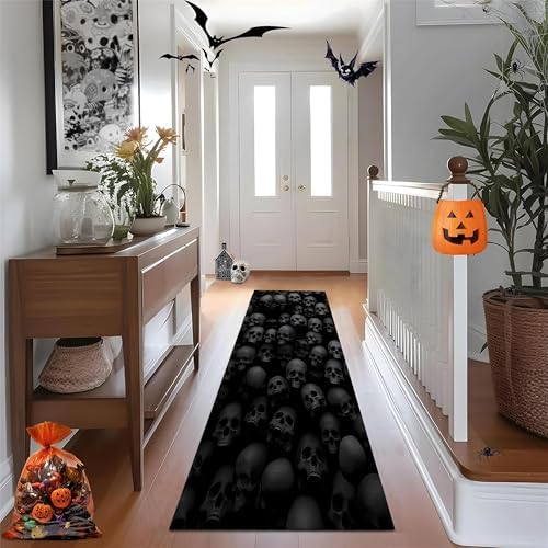 Halloween Black Skull Runner Rug 2x7ft