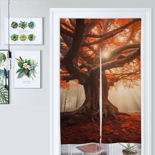 Japanese Noren Door Curtain with Maple Leaves and Old Tree Print