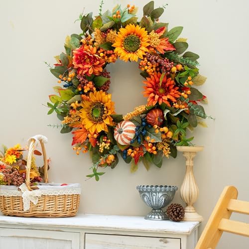 24 Inch Fall Wreath with Pumpkins and Berries