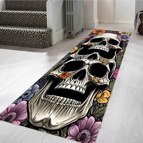 Halloween Skull Runner Rug 26x10ft Butterfly Floral Pattern Carpet