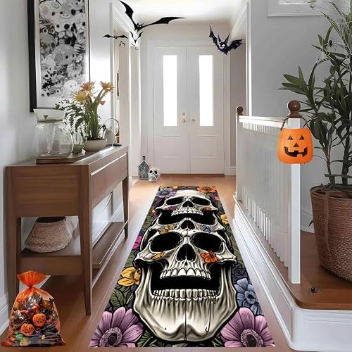 Halloween Skull Runner Rug 26x10ft Butterfly Floral Pattern Carpet