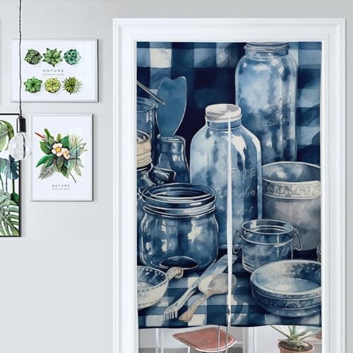 Japanese Noren Door Curtain with Blue Plaid Pattern 34x57 Inches