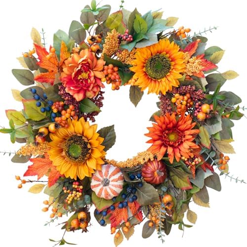 24 Inch Fall Wreath with Pumpkins and Berries