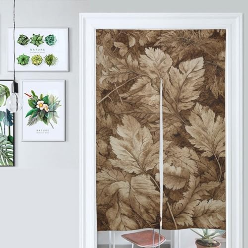 Japanese Noren Door Curtain White Brown Leaves Print 34x57