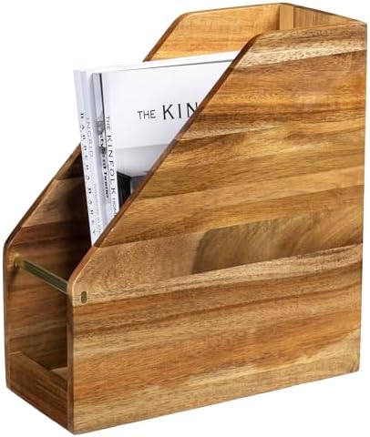 MyGift Premium Hotel Series Solid Acacia Wood Magazine Holder with Brass Metal Accent