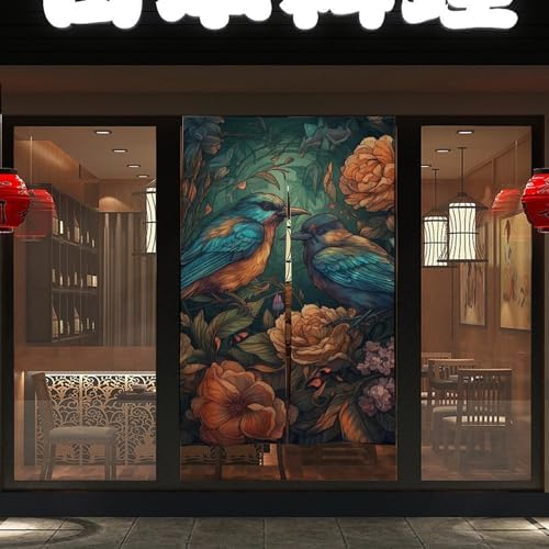 Japanese Noren Birds and Flowers Door Curtain 34x57 Inch