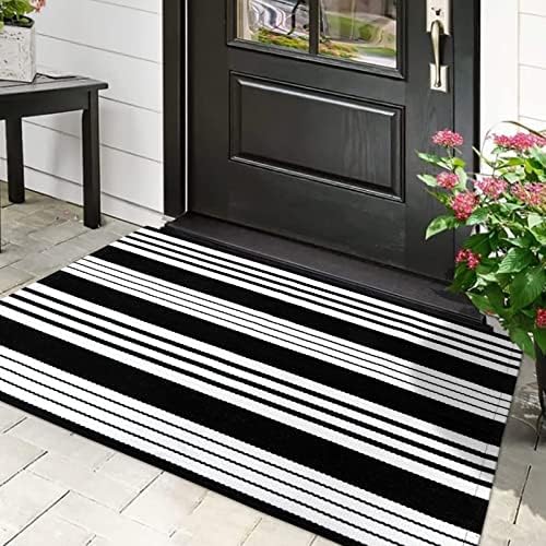 Black and White Striped Outdoor Rug 275x43 Inch Reversible Door Mat