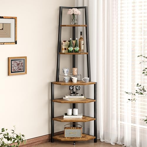 VECELO 6 Tier Corner Shelf Industrial Bookshelf Brown
