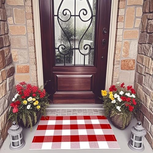 USTIDE Buffalo Check Plaid Doormat Red White 2x3