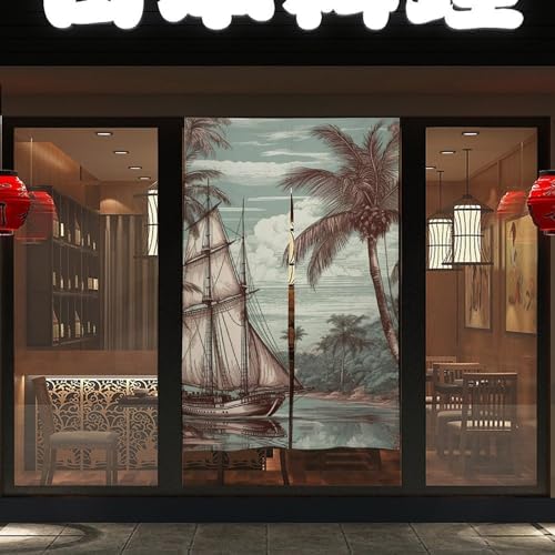 Japanese Noren Door Curtain with Tree and Sailboat Print