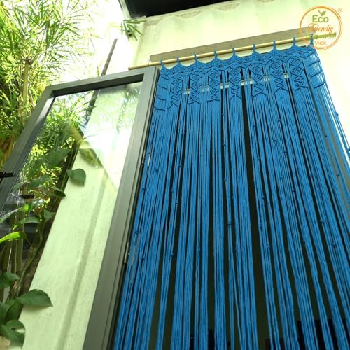 Macrame Curtain Boho Beaded Doorway Hanging Blue 77x35 Inch