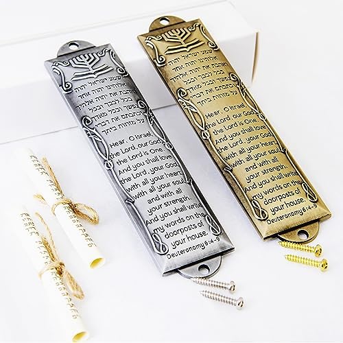 Set of 2 Metal Mezuzahs with Scroll Silver and Brass