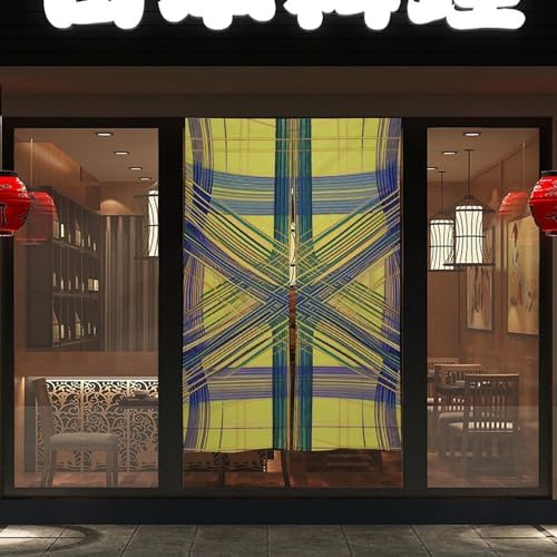 Japanese Noren Door Curtain with Yellow Purple Plaid Design