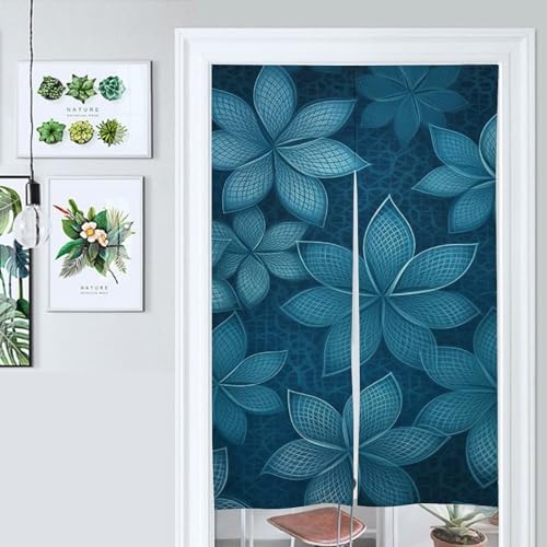 Japanese Noren Door Curtain with Grid Flowers Design