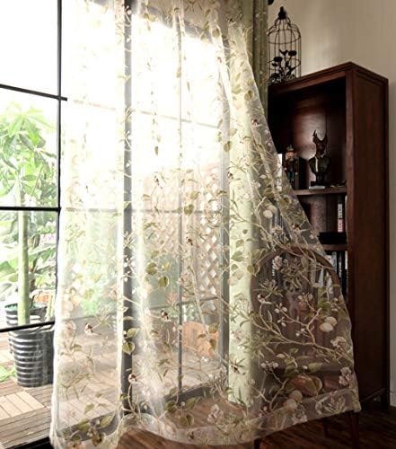 PureAqu Rod Pocket Sheer Curtain Panel Floral Birds Design