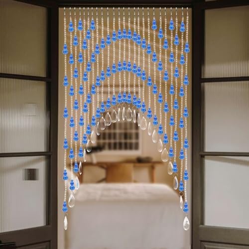Beaded Curtain for Doorway with Clear Crystal Beads Blue