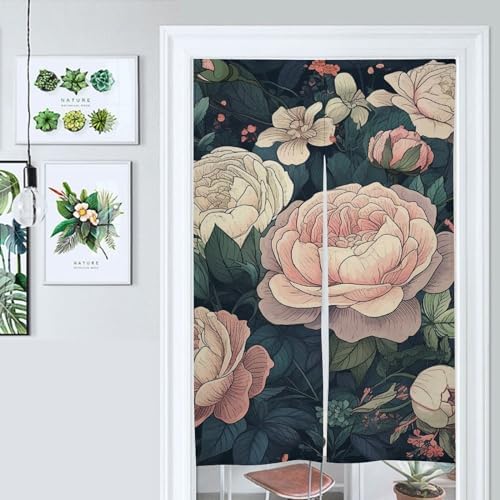 Japanese Noren Door Curtain with Green Flowers Print 34x57