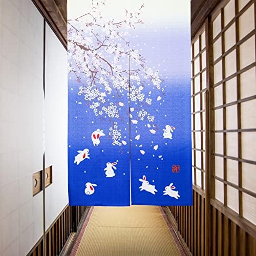Japanese Noren Door Curtain Cherry Blossoms Rabbit Blue Room Divider