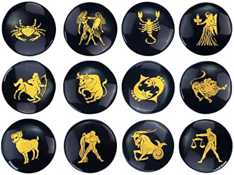 Crocon Black Agate Zodiac Symbols Engraved Stones Set of 12