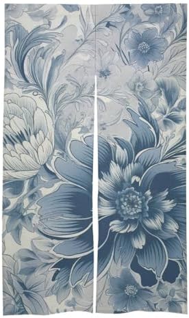 Japanese Noren Door Curtain Blue Gray Flowers Print 34x57