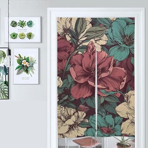 Japanese Noren Door Curtain with Romantic Flowers Design