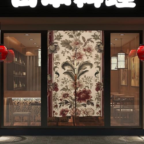 Japanese Noren Door Curtain with Red Stripes and Flowers