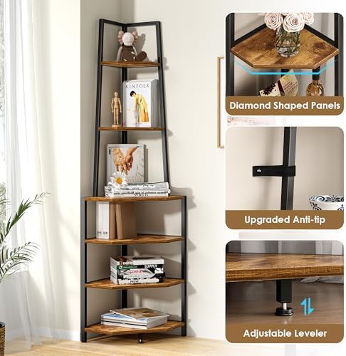 VECELO 6 Tier Corner Shelf Industrial Bookshelf Brown
