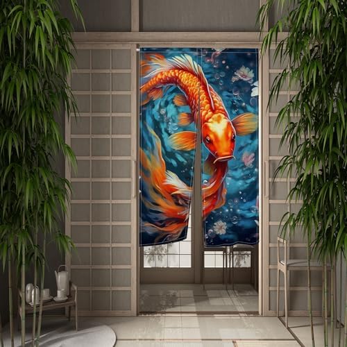Red Golden Koi Noren Doorway Curtain for Kitchen