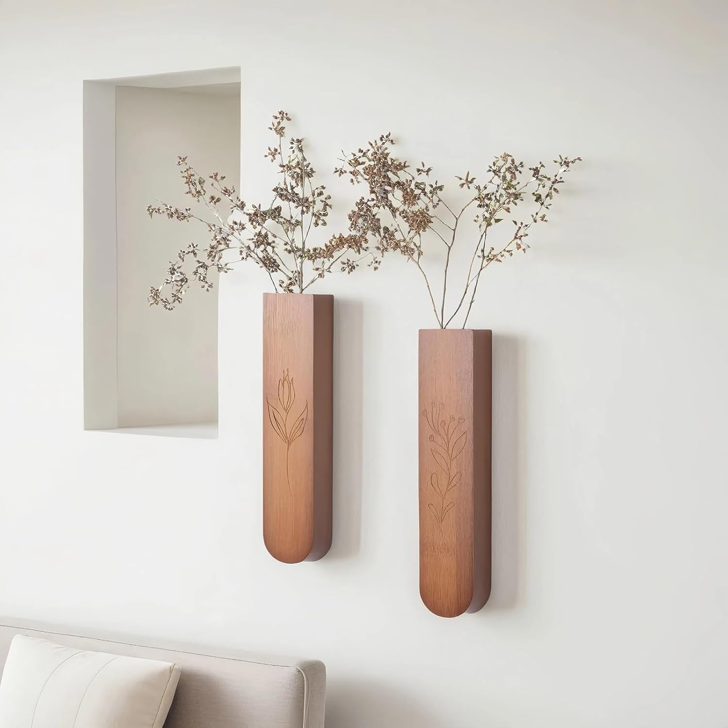Wood Wall Vase Set of 2 for Dried Flowers and Faux Greenery