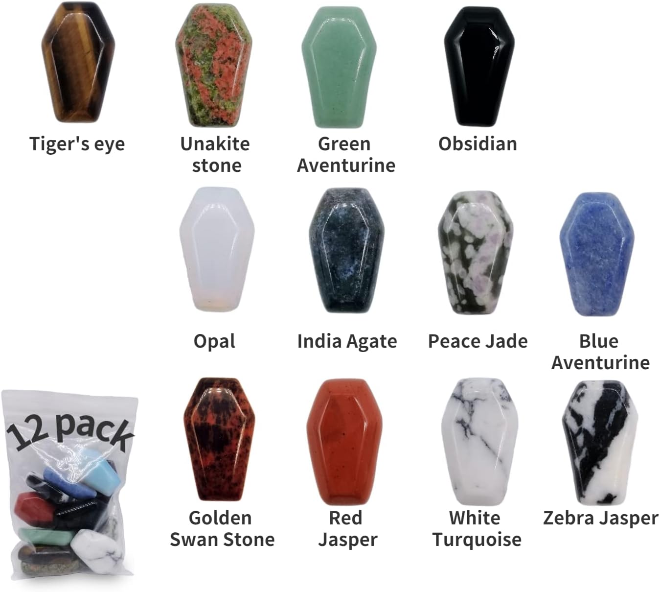 Carved Coffin Worry Stones Pendant Set Real Gemstone Healing Crystals 12pcs