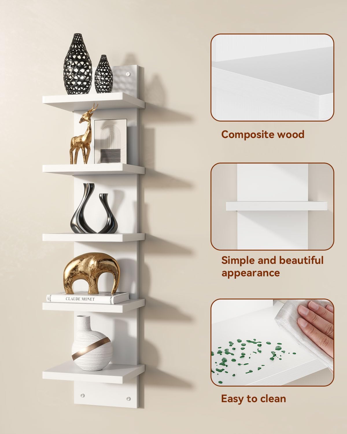 IBUYKE 5 Tier Wall Shelf Unit White Vertical Storage Shelf