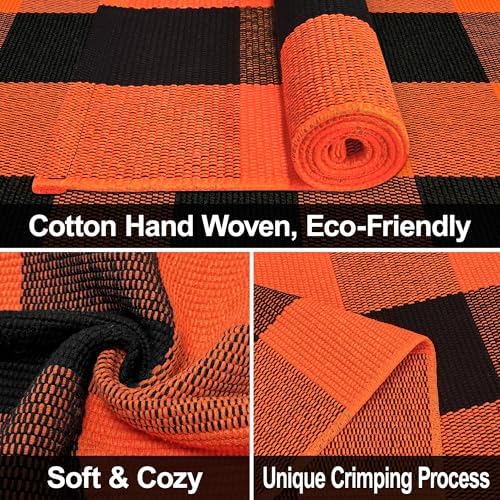 Orange and Black Buffalo Plaid Outdoor Rug 2x3 Cotton Woven Area Rug