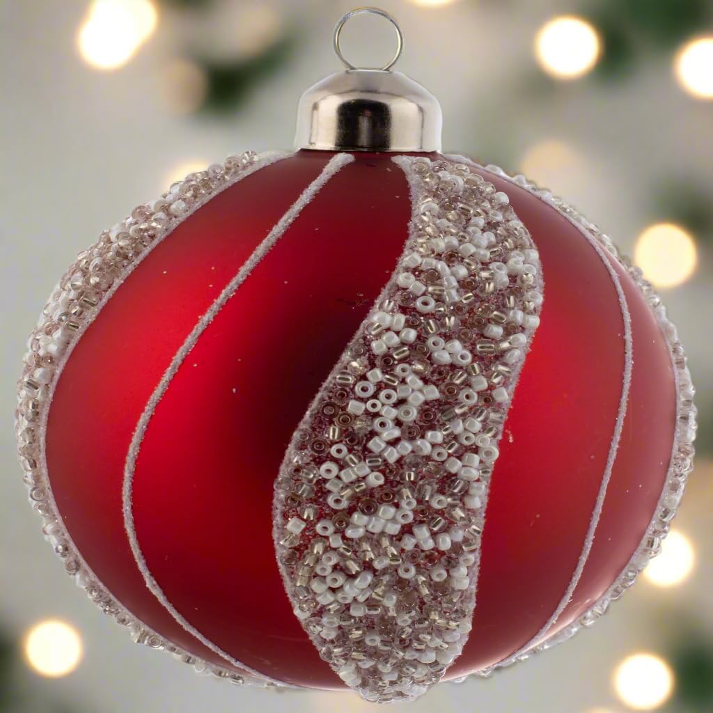 Karma Christmas Hanging Ornament White Bead Striped Glass Ball
