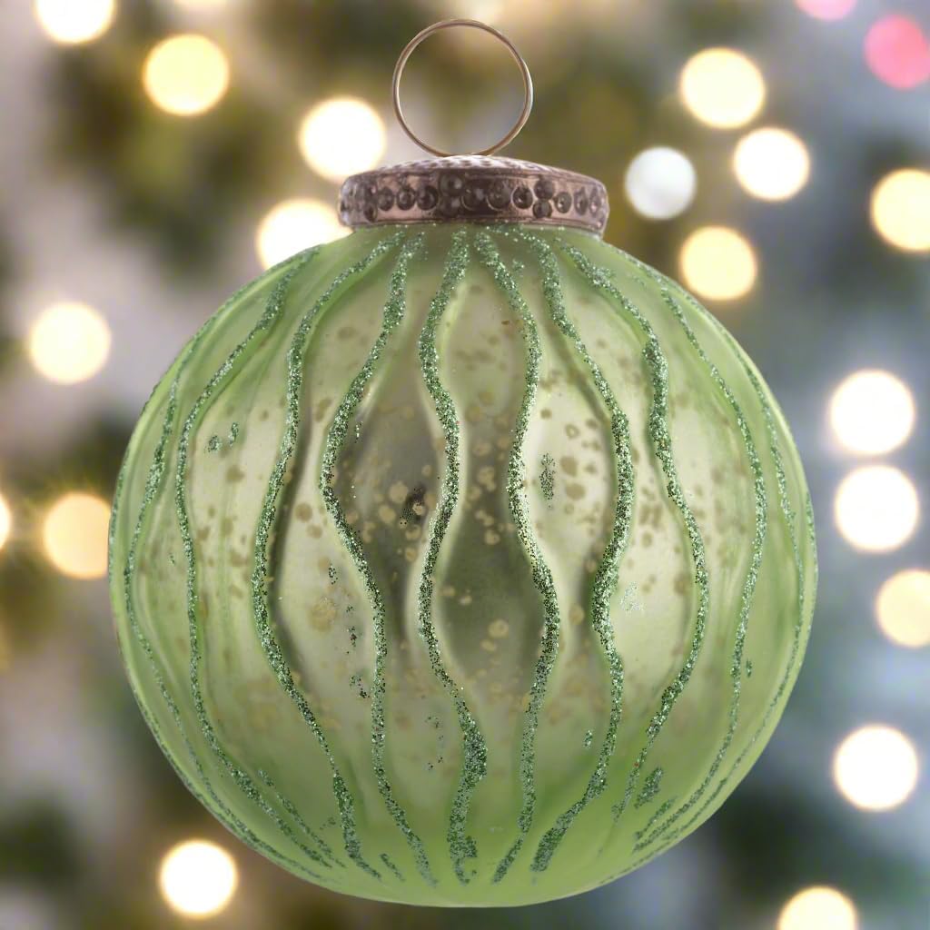 Karma Christmas Glitter Ball Glass Ornament 35 Inch Green