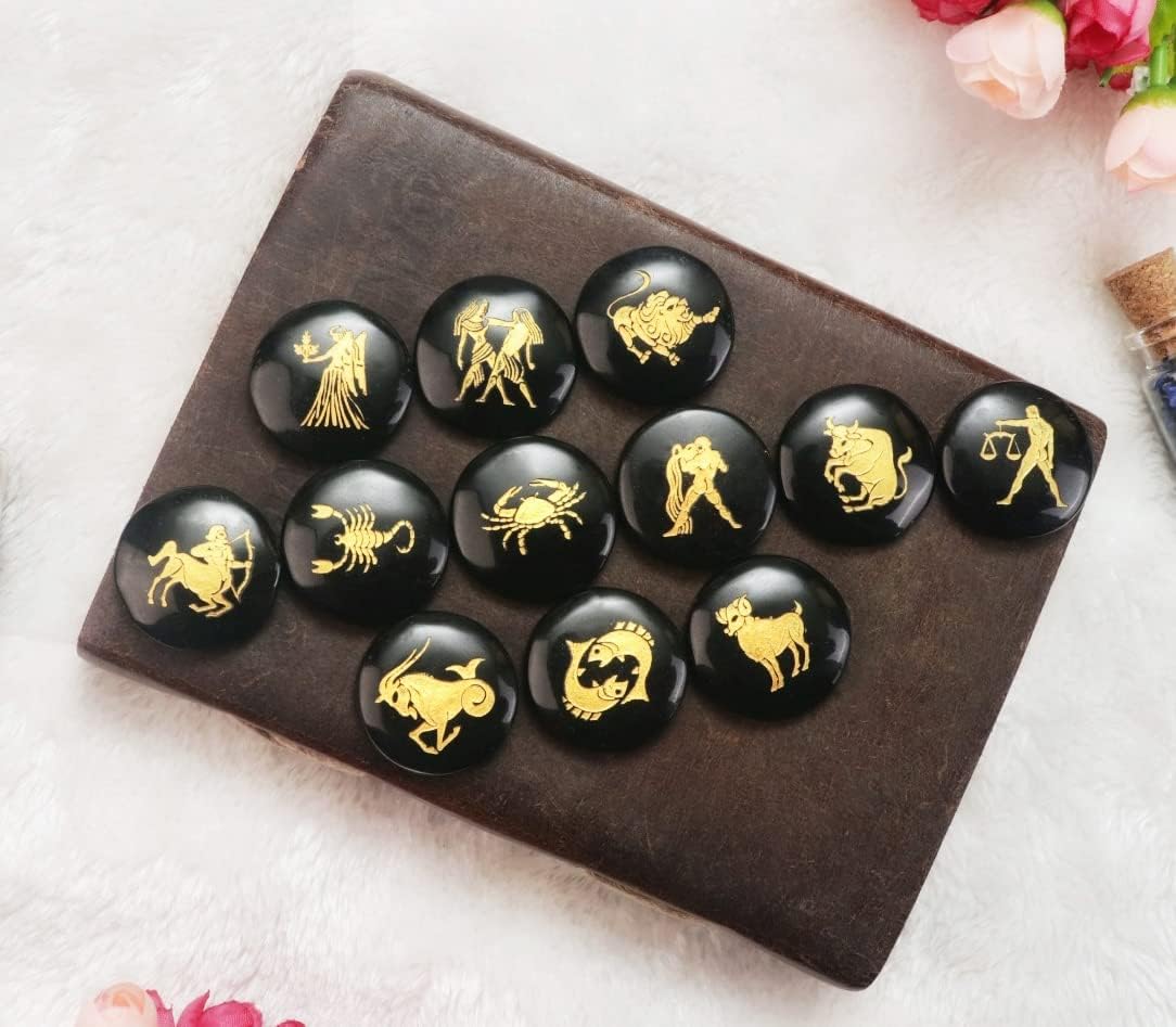 Crocon Black Agate Zodiac Symbols Engraved Stones Set of 12