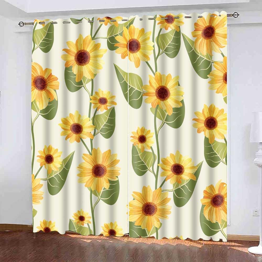 Yellow Sunflower Print Curtains with Grommets 42x84 Inch 2 Panels