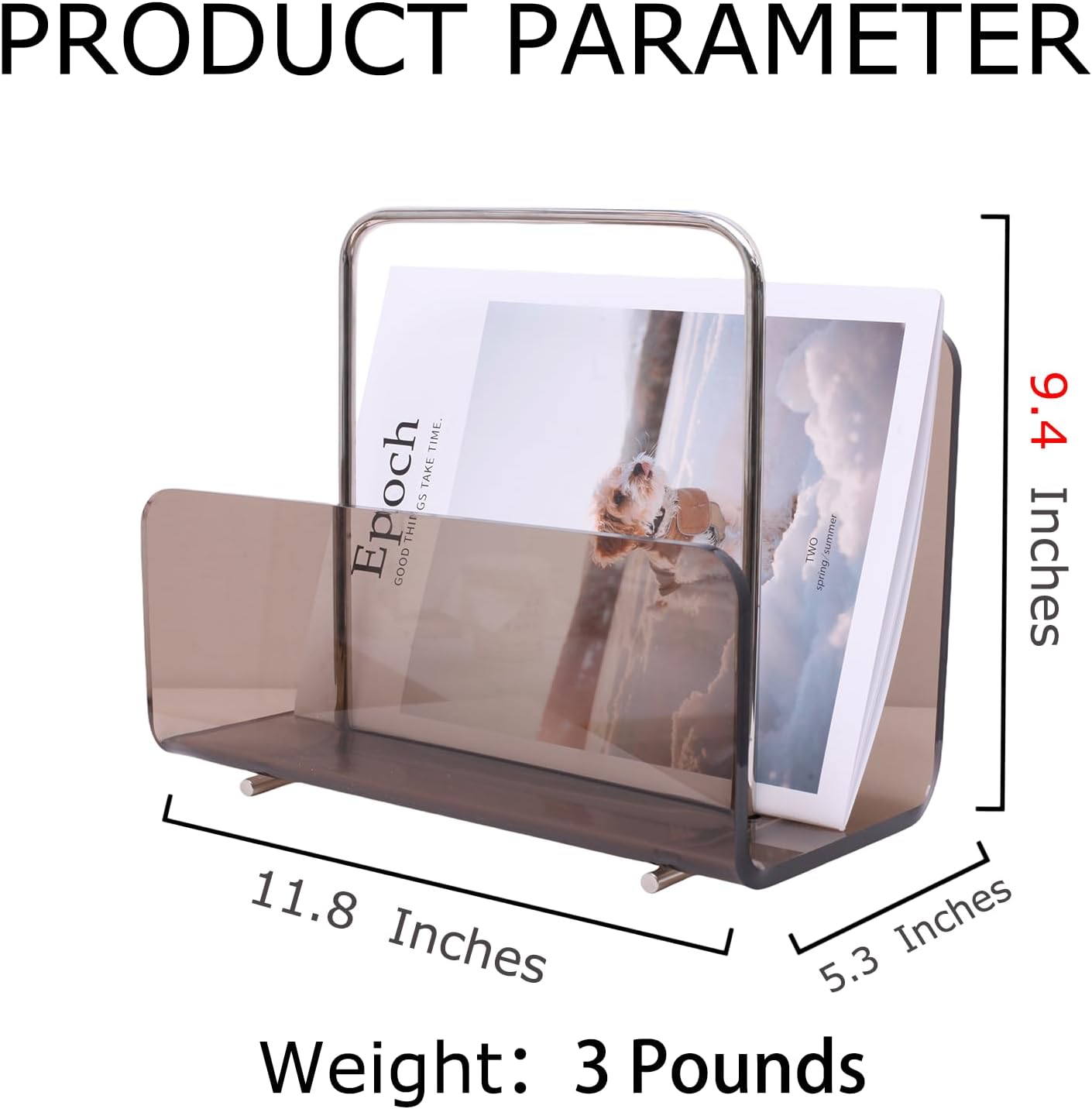 Brown Clear Acrylic Magazine Holder with Stainless Steel Handle