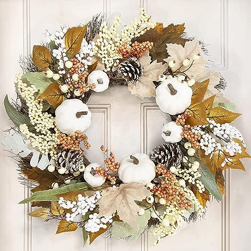 Ochine White Pumpkin Fall Wreath with Sunflowers and Leaves