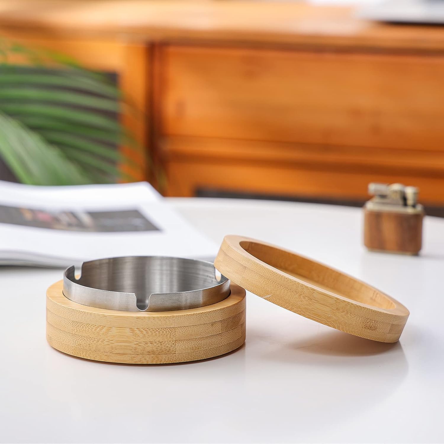 Stylish Small Bamboo Ashtray with Lid